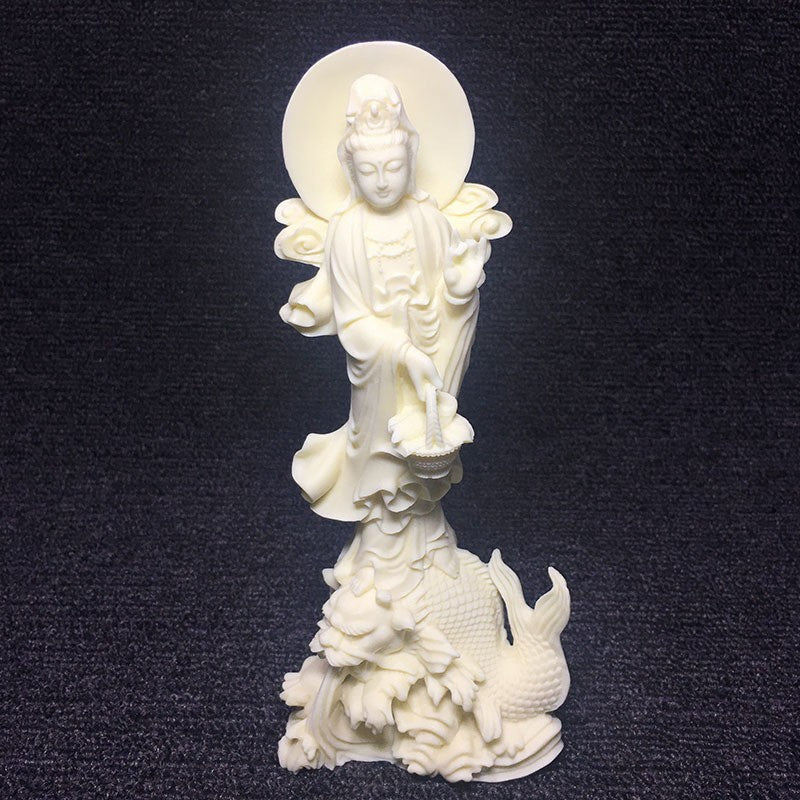 Ivory nut Fish Basket Guanyin statue with carp base, Chinese Buddhist home decor in vegetable ivory