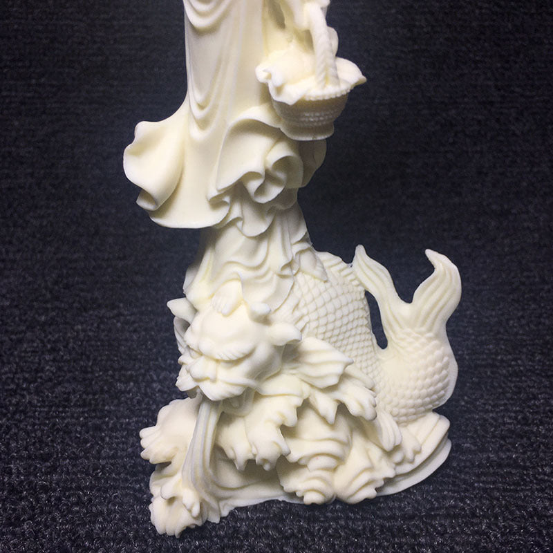 Carved tagua Fish Basket Guanyin figurine with lotus and carp motif for living room, tea room or study decor