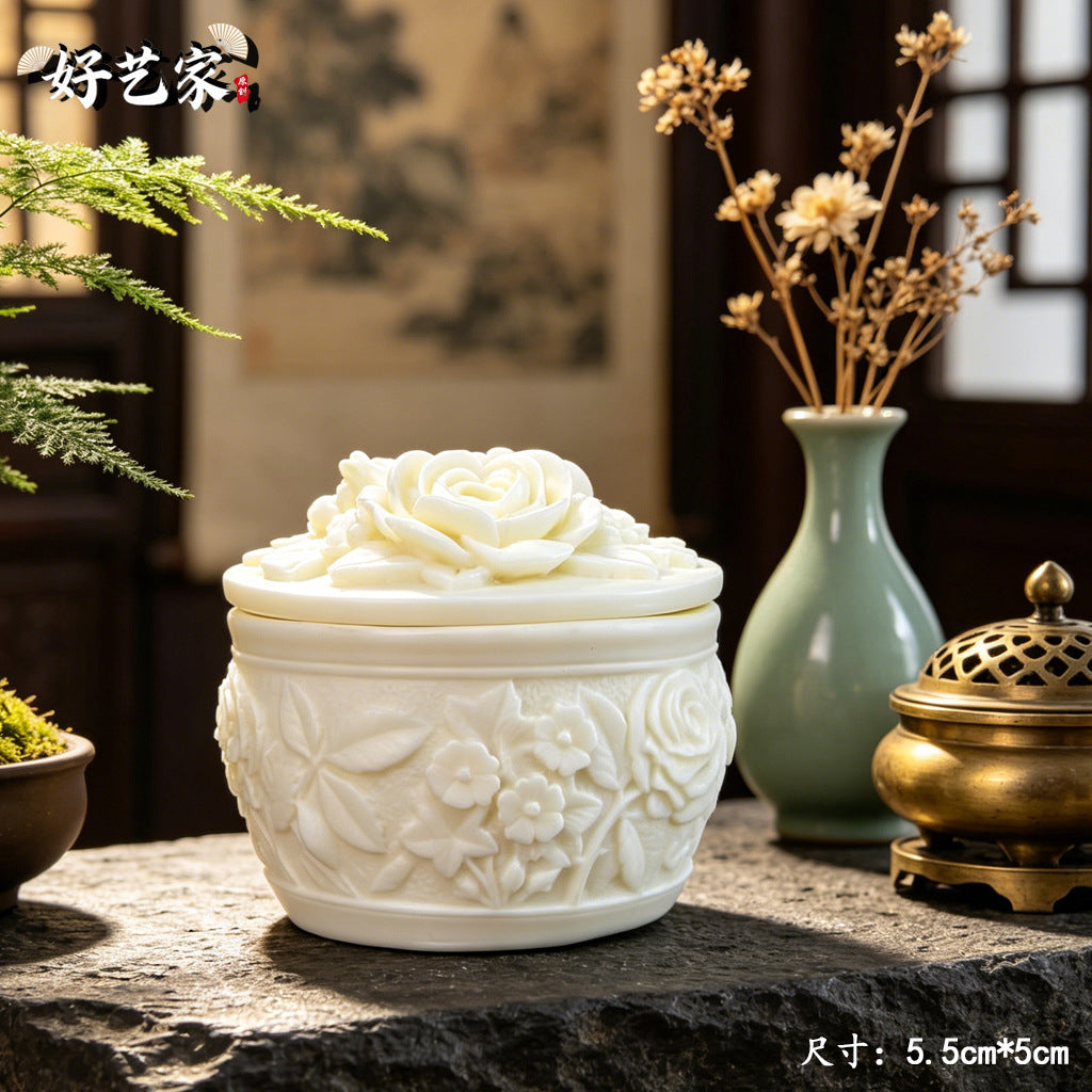 Ivory nut Flower Bloom Wealth jewelry box with carved floral lid, tagua vegetable ivory small decorative box approximately 5.5 cm