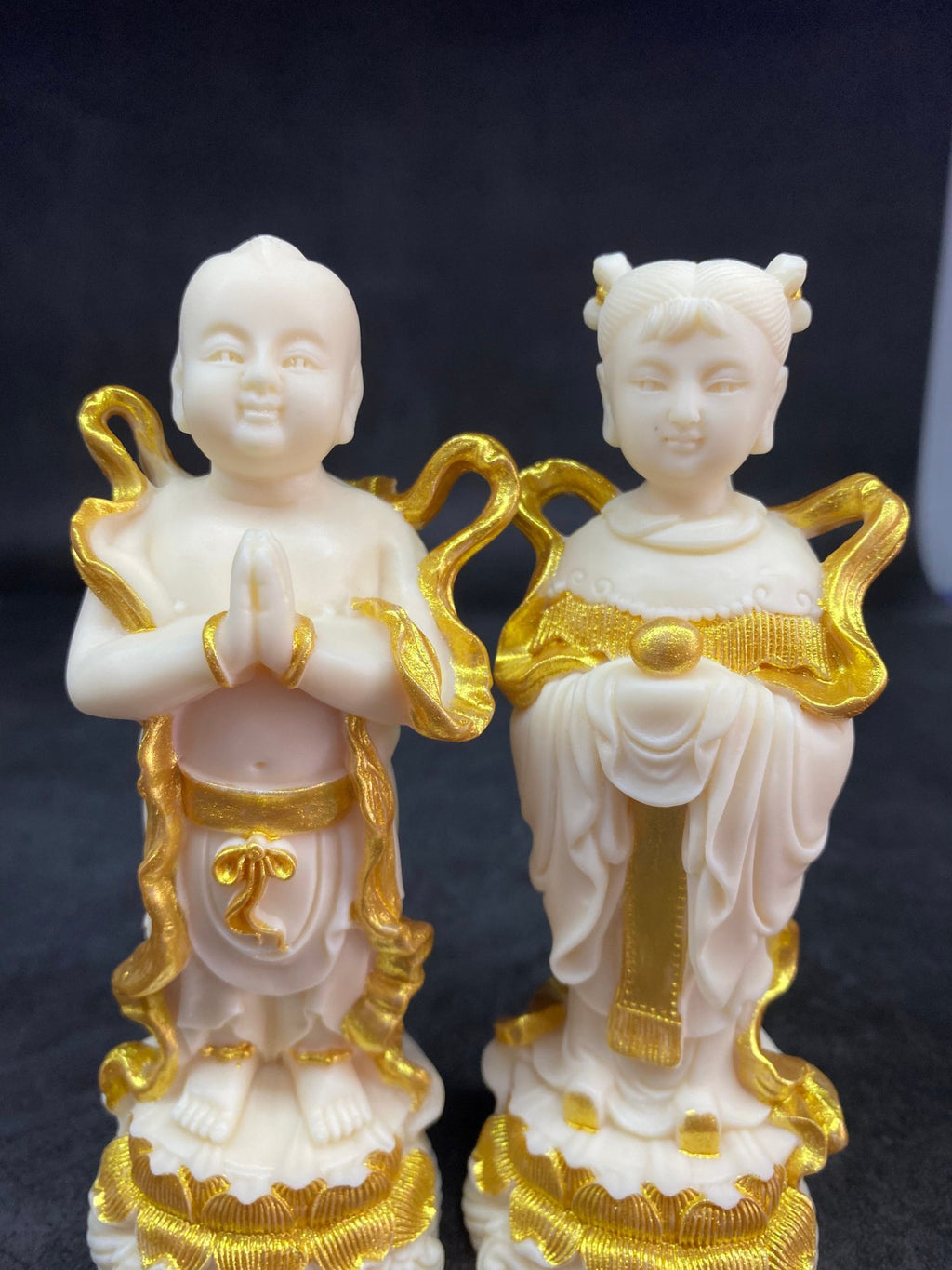 Gold-accented ivory nut Golden Boy and Jade Girl pair, Jin Tong Yu Nu tagua vegetable ivory auspicious Chinese decor