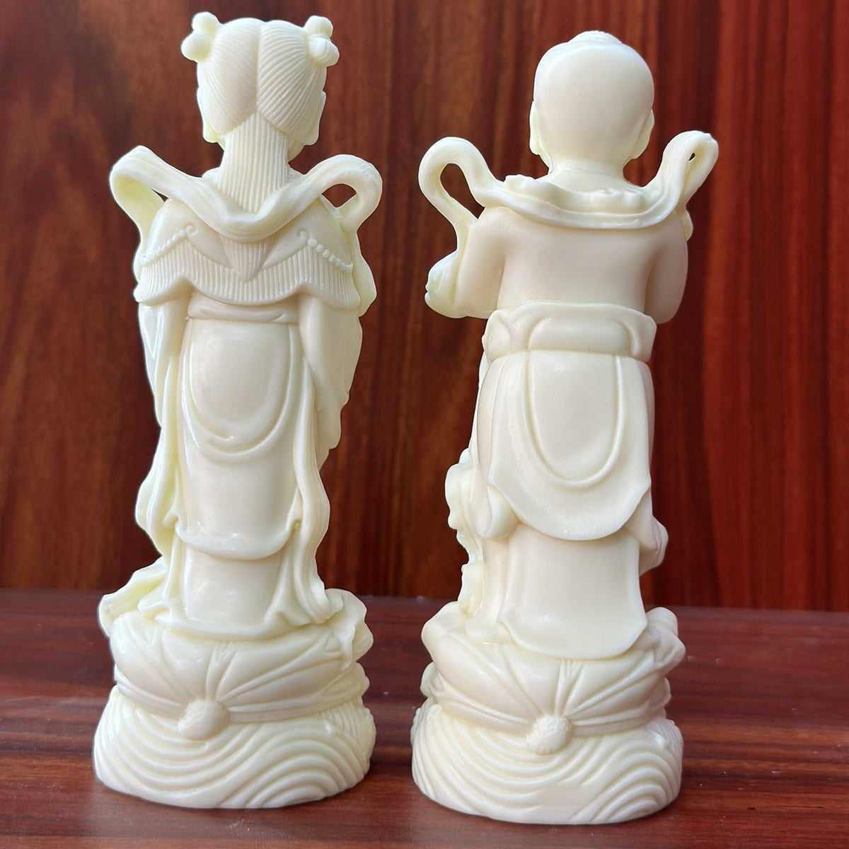 Back view natural ivory nut Golden Boy and Jade Girl pair on lotus bases, tagua vegetable ivory carved Chinese decor