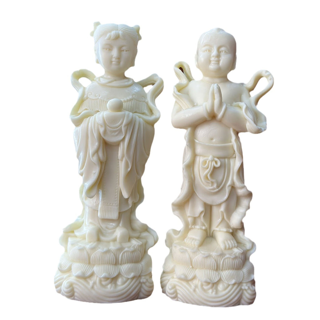 Natural ivory nut Golden Boy and Jade Girl pair, Jin Tong Yu Nu tagua vegetable ivory Chinese cultural home decor