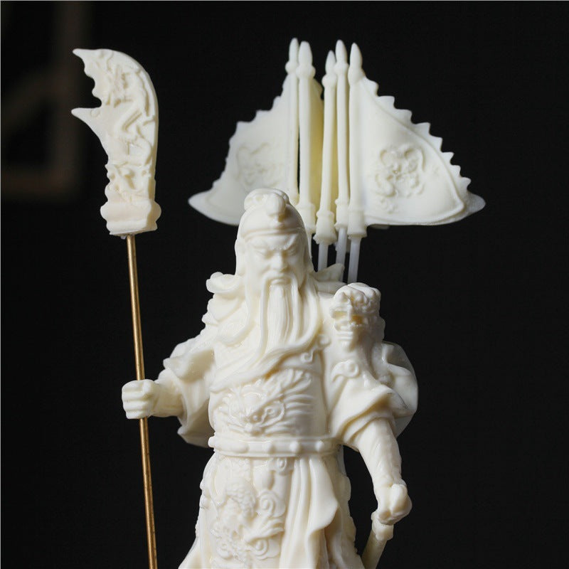 Ivory nut Guan Yu standing warrior statue with five flags and guandao for office, study and living room display