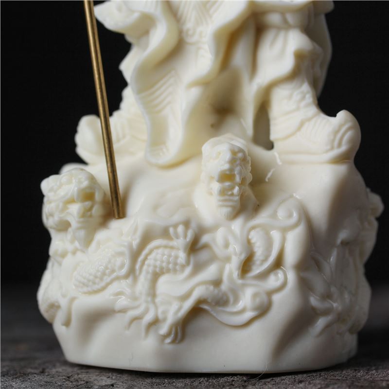 Gold-accented ivory nut Guan Yu Five Flags statue, Chinese martial deity decor in tagua vegetable ivory