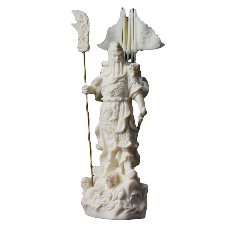 Natural ivory nut Guan Yu Five Flags standing statue with guandao, tagua vegetable ivory Chinese warrior decor