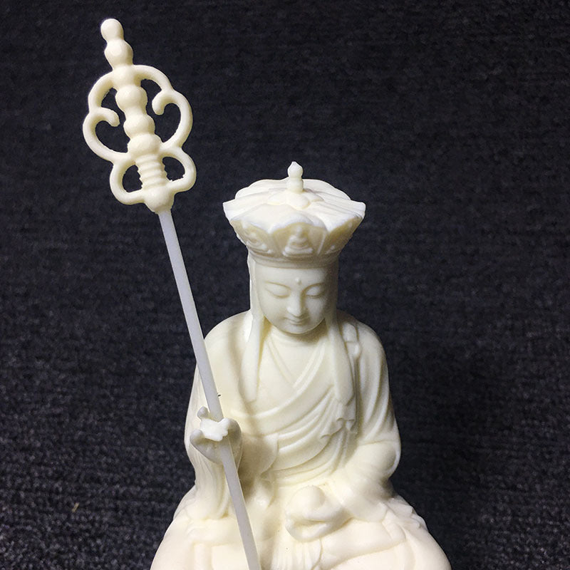 Natural ivory-tone tagua Ksitigarbha Bodhisattva figurine with lotus throne and traditional staff