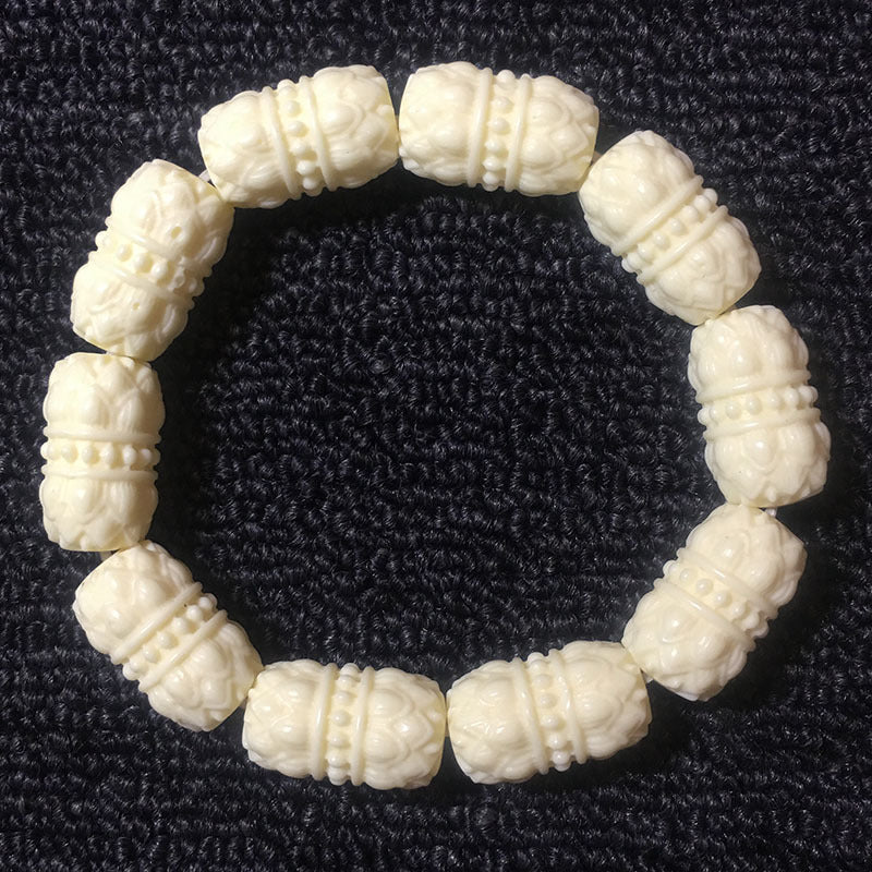 Ivory nut lotus barrel bead bracelet, tagua vegetable ivory carved lotus beads approximately 2.3 × 1.3 cm each