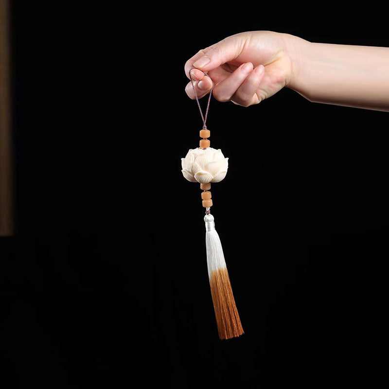 Hand-held ivory nut lotus car charm with long tassel, tagua vegetable ivory Chinese hanging ornament