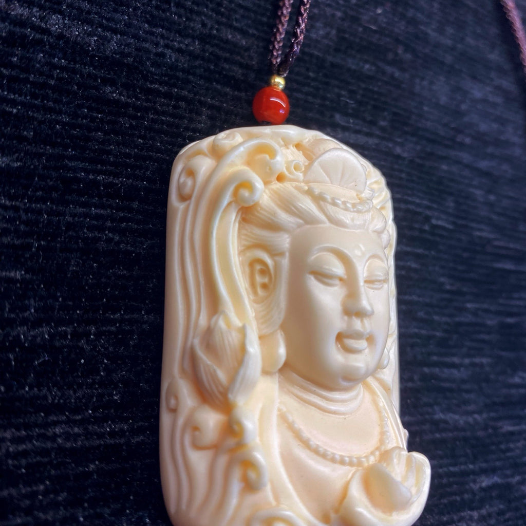 Ivory nut Lotus Guanyin necklace pendant with cord, tagua vegetable ivory Chinese Buddhist-inspired jewelry