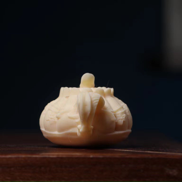 Detailed ivory nut lotus teapot miniature carving, tagua vegetable ivory tea lover gift and Chinese tea room ornament