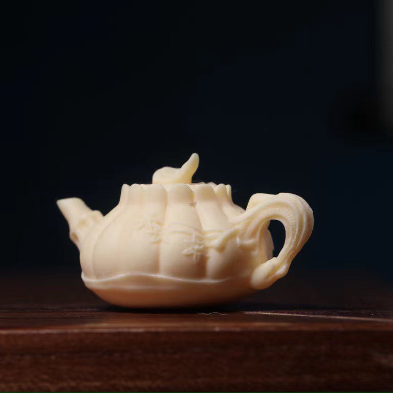 Ivory nut lotus teapot miniature hanging ornament, tagua vegetable ivory Chinese tea culture decor with cord