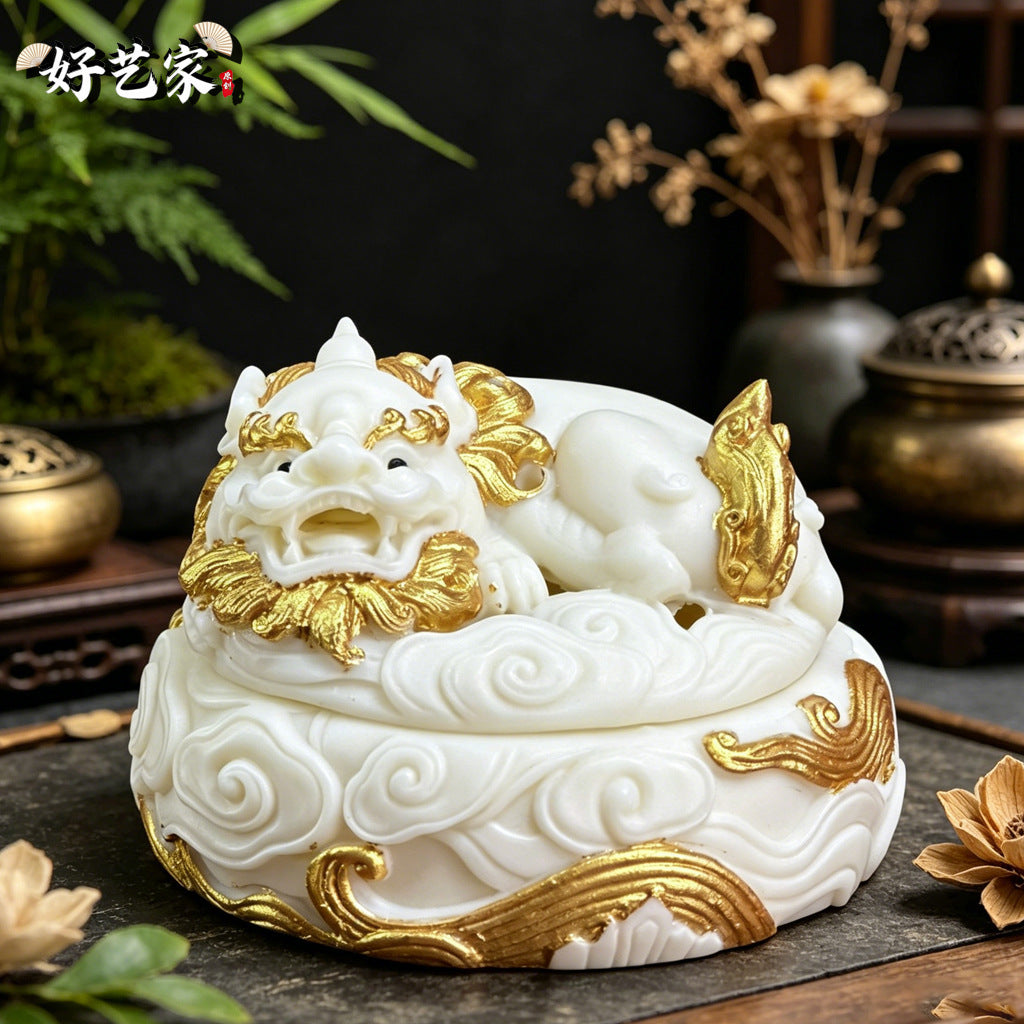Gold-accented ivory nut Pixiu incense burner, tagua vegetable ivory Chinese auspicious beast carving with gilded details