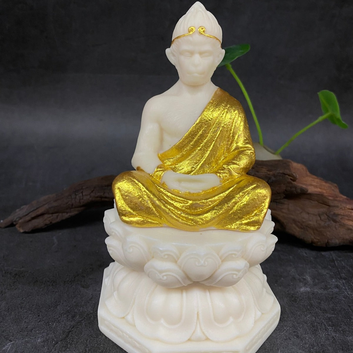 Gold-accented ivory nut Sun Wukong Victorious Fighting Buddha statue on lotus pedestal, tagua vegetable ivory Journey to the West decor