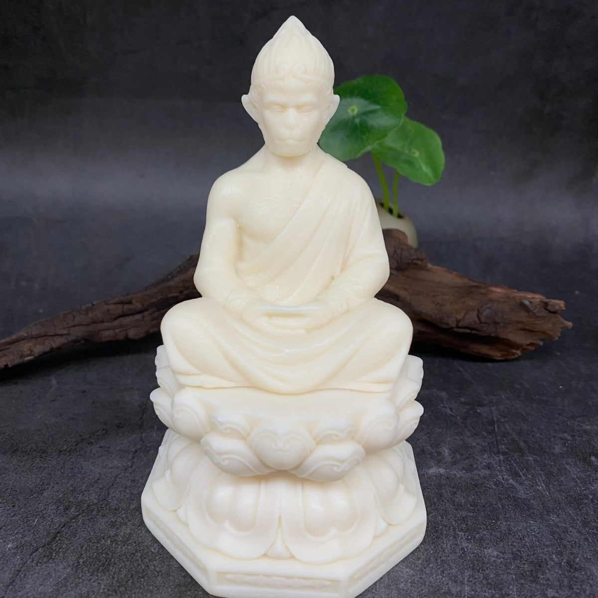 Natural ivory nut Sun Wukong Victorious Fighting Buddha statue seated on lotus pedestal, tagua vegetable ivory Chinese decor