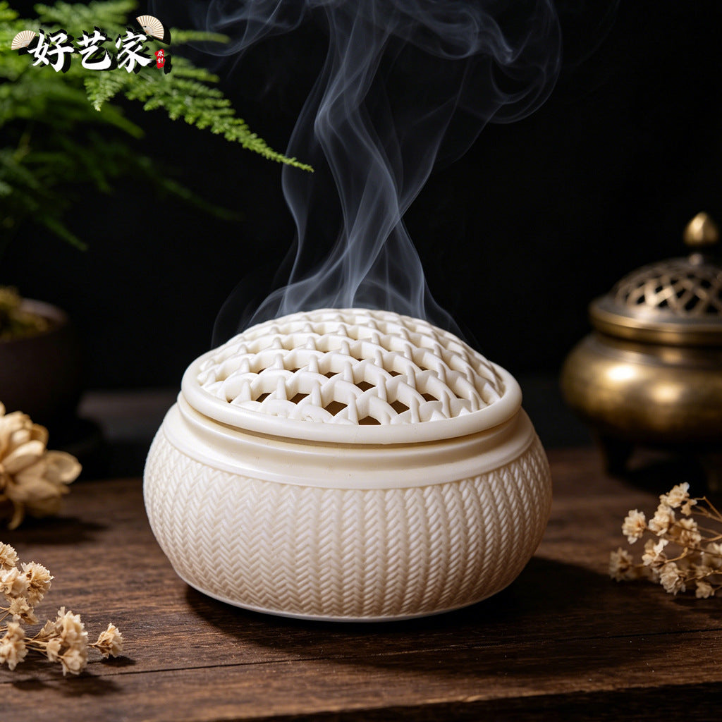 Ivory nut woven-pattern incense burner approximately 9.5 × 9.5 × 6 cm, tagua vegetable ivory tea room decor