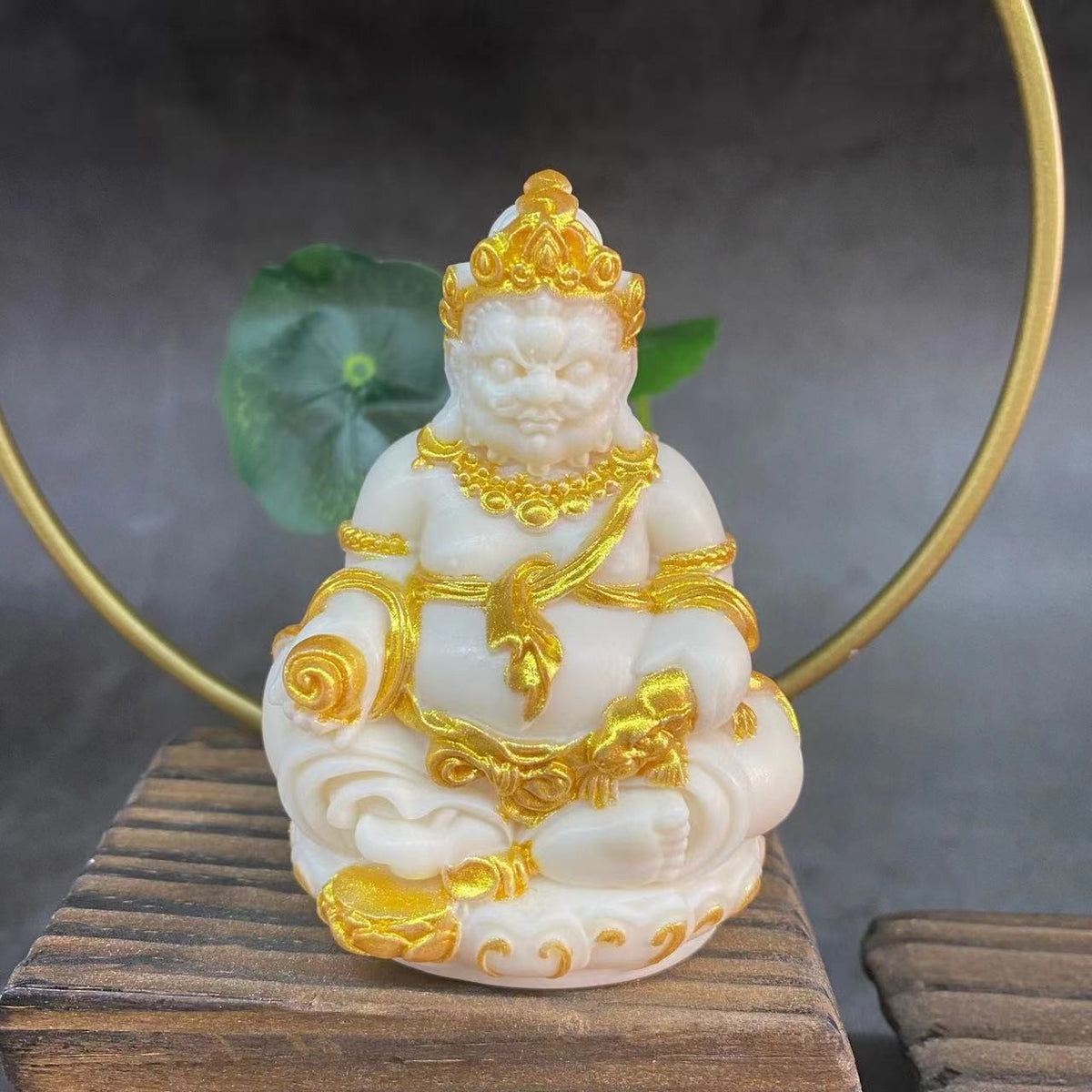 Gold-accented ivory nut Yellow Wealth God small statue, tagua vegetable ivory Chinese Buddhist wealth deity ornament