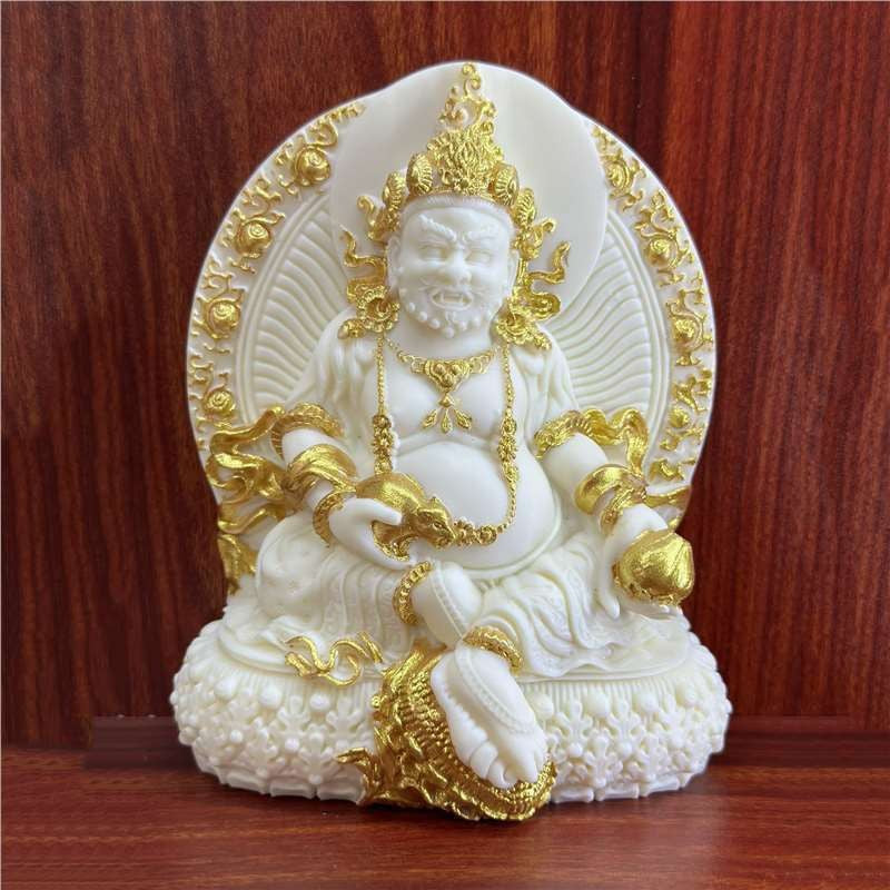 Jeweled ivory nut Yellow Wealth God statue with colored bead accents, tagua vegetable ivory Chinese auspicious decor