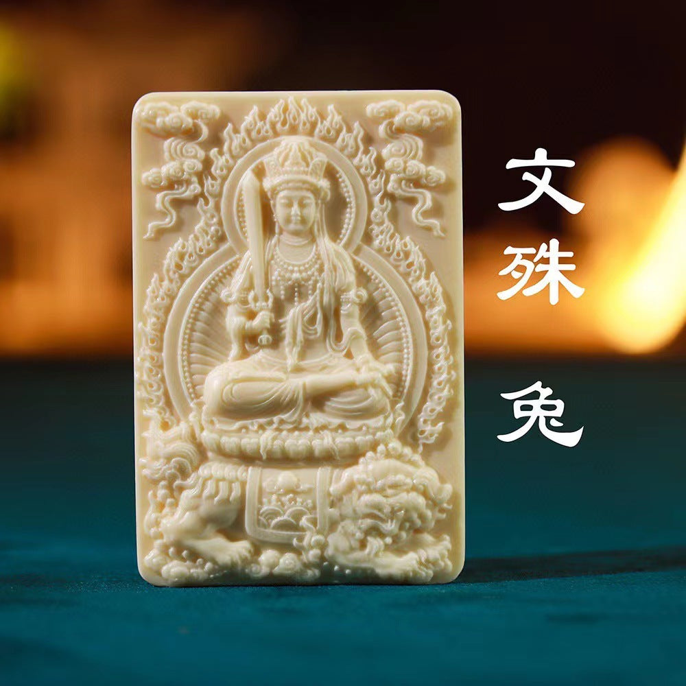 Ivory nut Manjushri Bodhisattva zodiac guardian pendant for Rabbit sign, tagua vegetable ivory Chinese Buddhist carving
