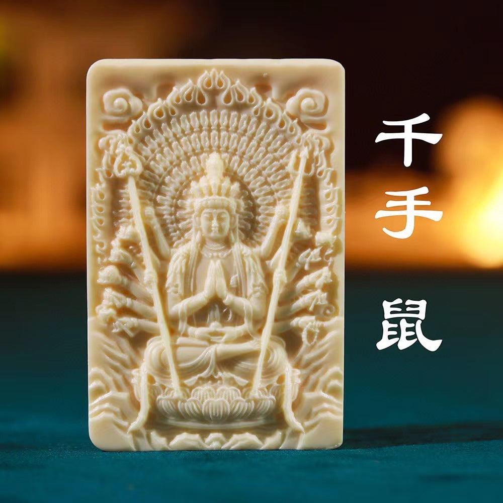 Ivory nut Thousand-Armed Guanyin zodiac guardian pendant for Rat sign, tagua vegetable ivory Chinese Buddhist carving