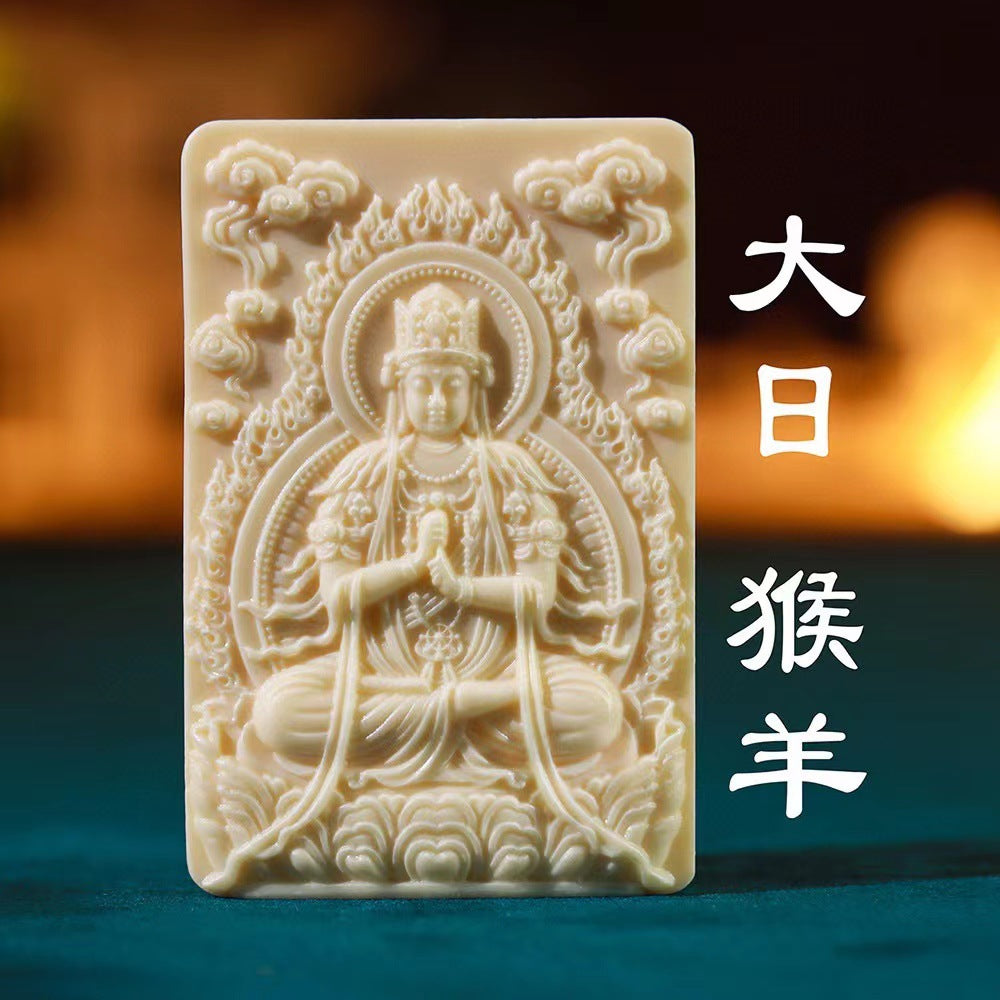 Ivory nut Vairocana Dainichi Nyorai zodiac guardian pendant for Monkey and Sheep signs, tagua vegetable ivory carving