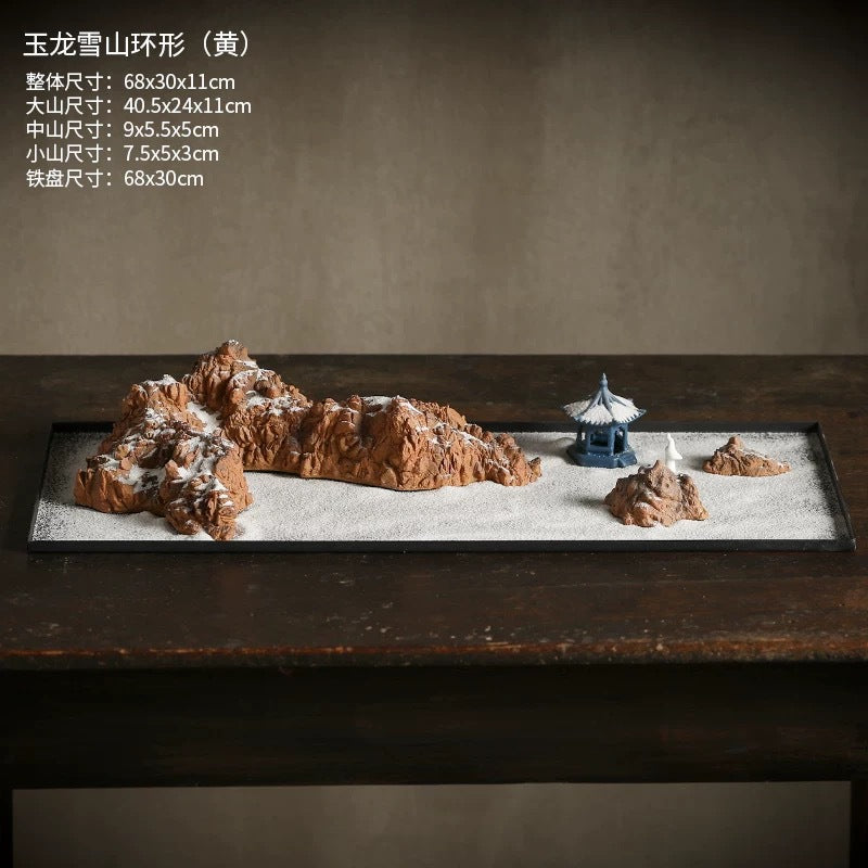 Jade Dragon Snow Mountain sand tray with pavilion and miniature figure