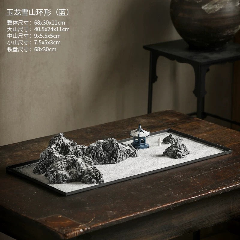 Jade Dragon Snow Mountain blue-grey zen sand tray landscape
