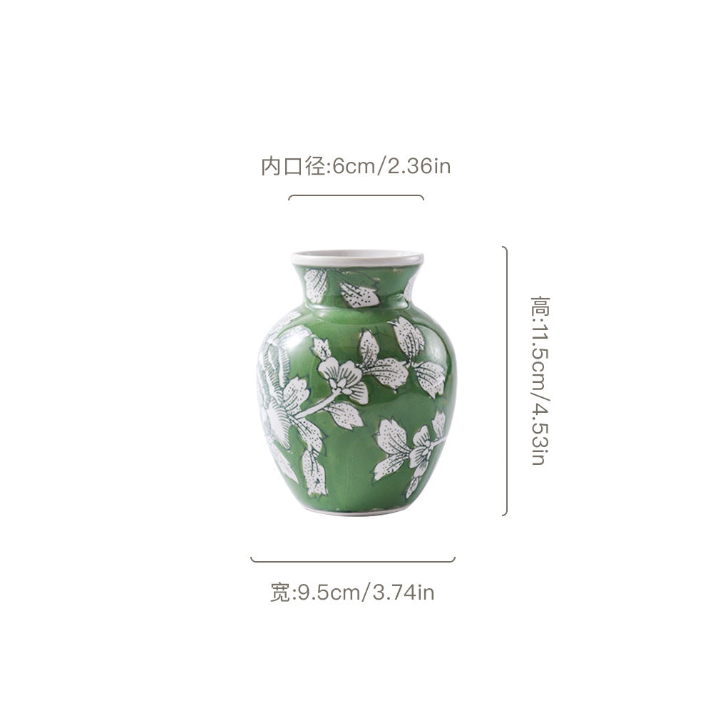 Jade green and silver floral mini vase, 9.5 cm wide and 11.5 cm high