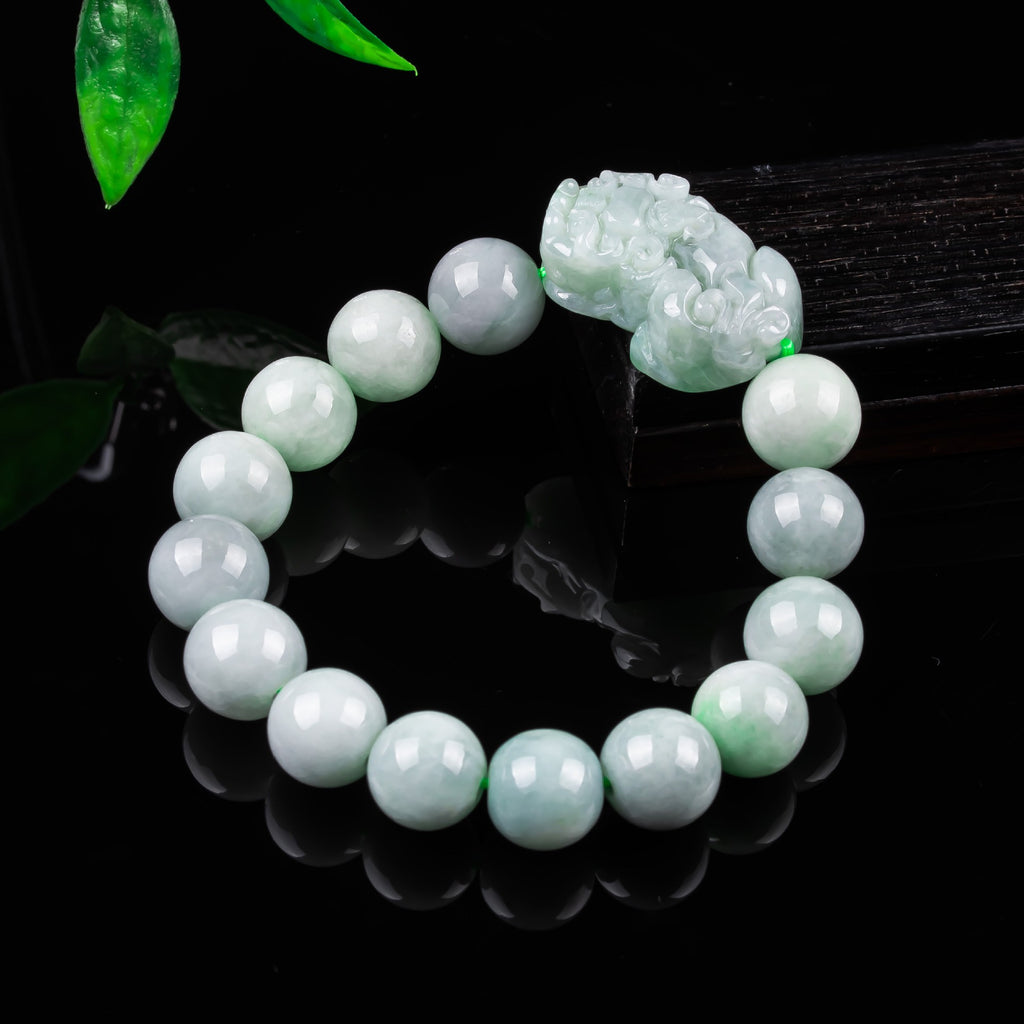 Certified pale green jadeite Pixiu bracelet polished bead strand