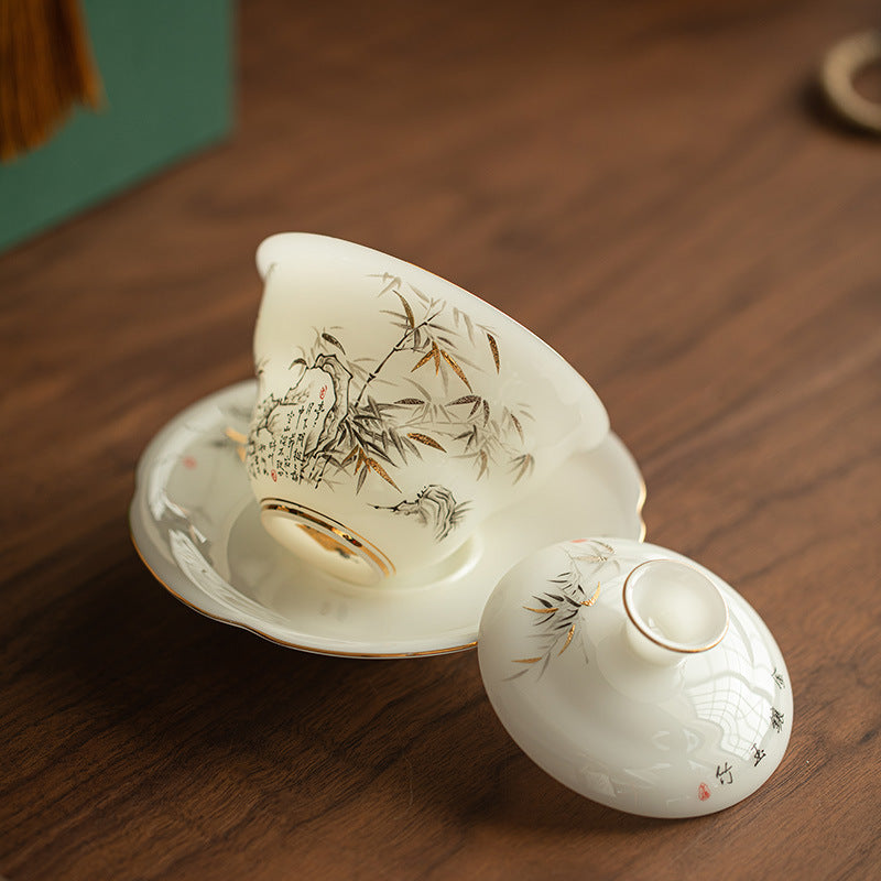 Ice-Grade Mutton Fat Jade Eggshell Sancai Gaiwan - 150ml