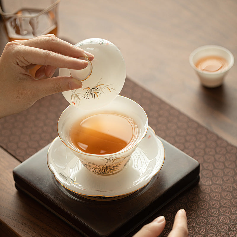 Ice-Grade Mutton Fat Jade Eggshell Sancai Gaiwan - 150ml