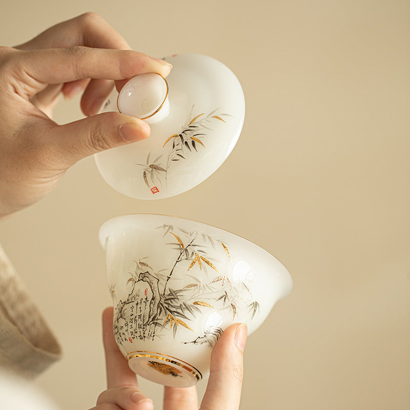 Ice-Grade Mutton Fat Jade Eggshell Sancai Gaiwan - 150ml