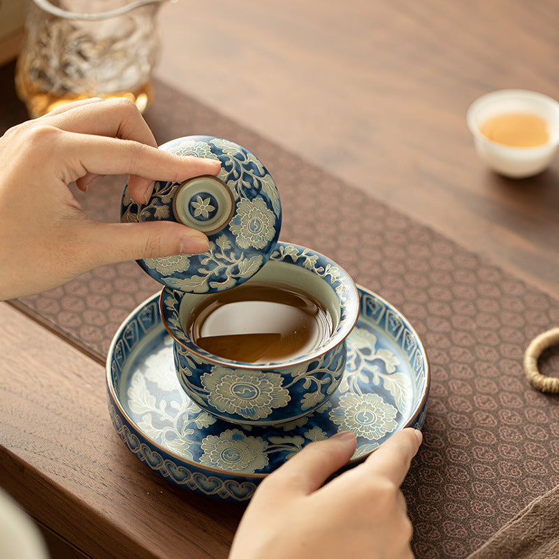 Song Ru Ware & Yuan Blue-and-White Gaiwan with Large Teaware Tray