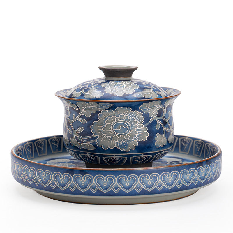 Song Ru Ware & Yuan Blue-and-White Gaiwan with Large Teaware Tray