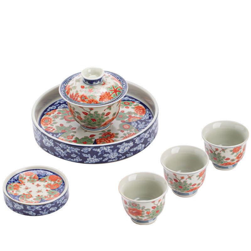 Red & Green Polychrome Floral Hovering Gaiwan Tea Ceremony Set