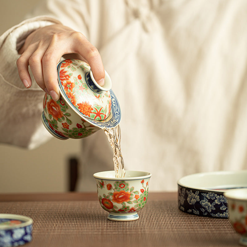 Red & Green Polychrome Floral Hovering Gaiwan Tea Ceremony Set