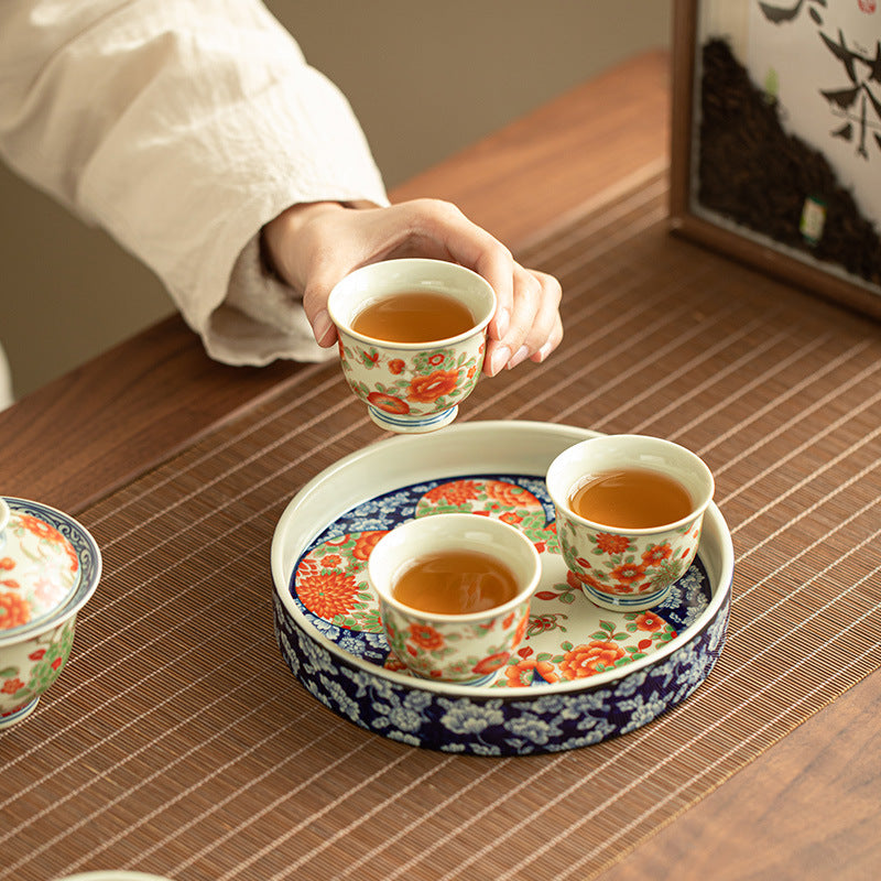 Red & Green Polychrome Floral Hovering Gaiwan Tea Ceremony Set