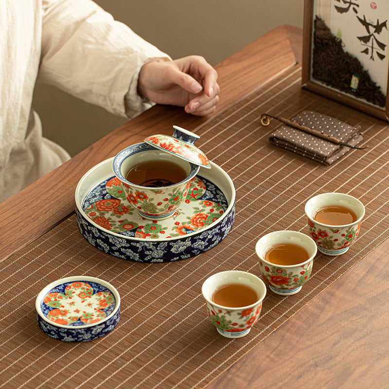 Red & Green Polychrome Floral Hovering Gaiwan Tea Ceremony Set