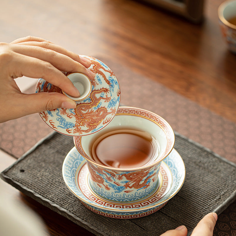 Iron-Red Nine Dragons Horseshoe Sancai Gaiwan - 160ml