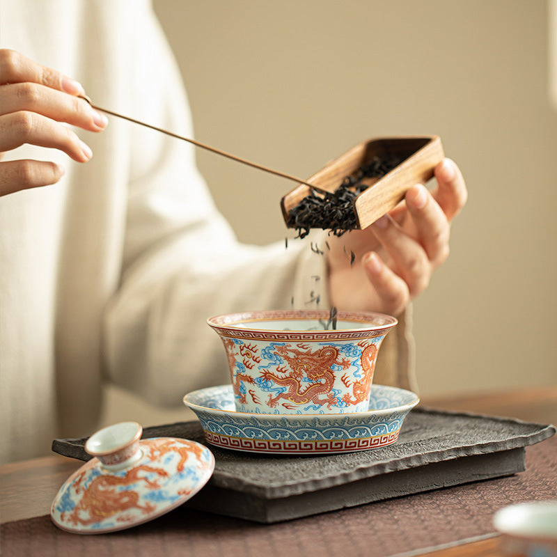 Iron-Red Nine Dragons Horseshoe Sancai Gaiwan - 160ml