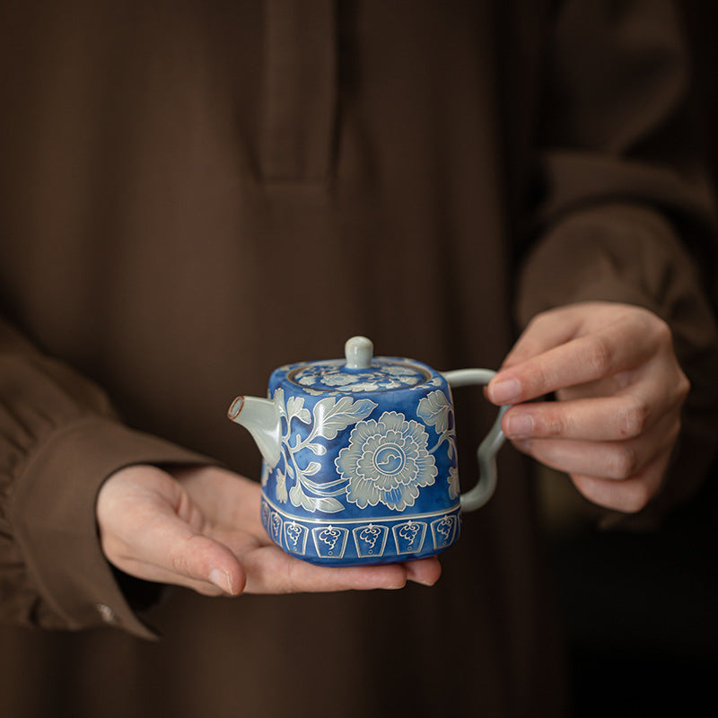 Yuan Blue & White Ru Ware Peony Square Teapot - 220ml