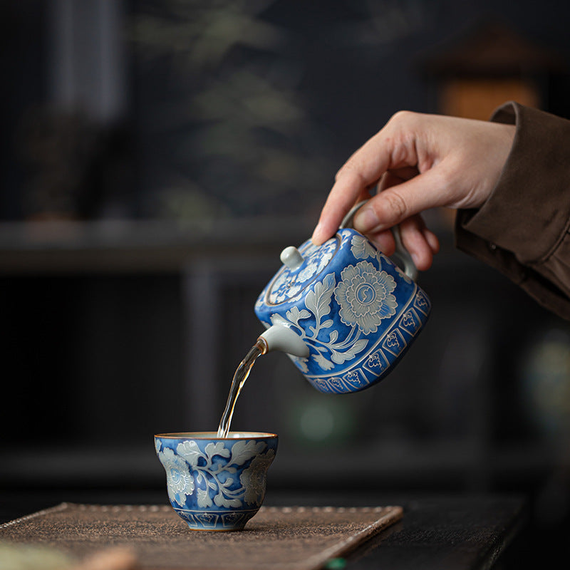 Yuan Blue & White Ru Ware Peony Square Teapot - 220ml