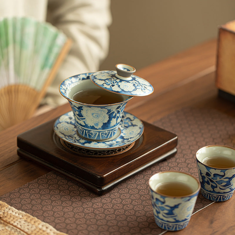 Yuan Blue & White Ru Ware Horseshoe Sancai Gaiwan - 160ml