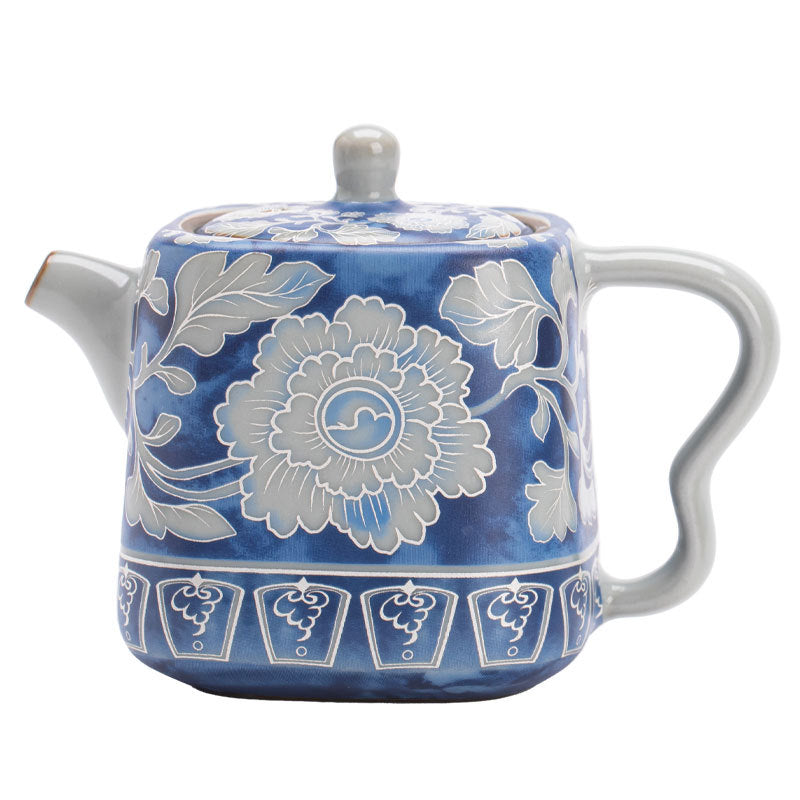 Yuan Blue & White Ru Ware Peony Square Teapot - 220ml