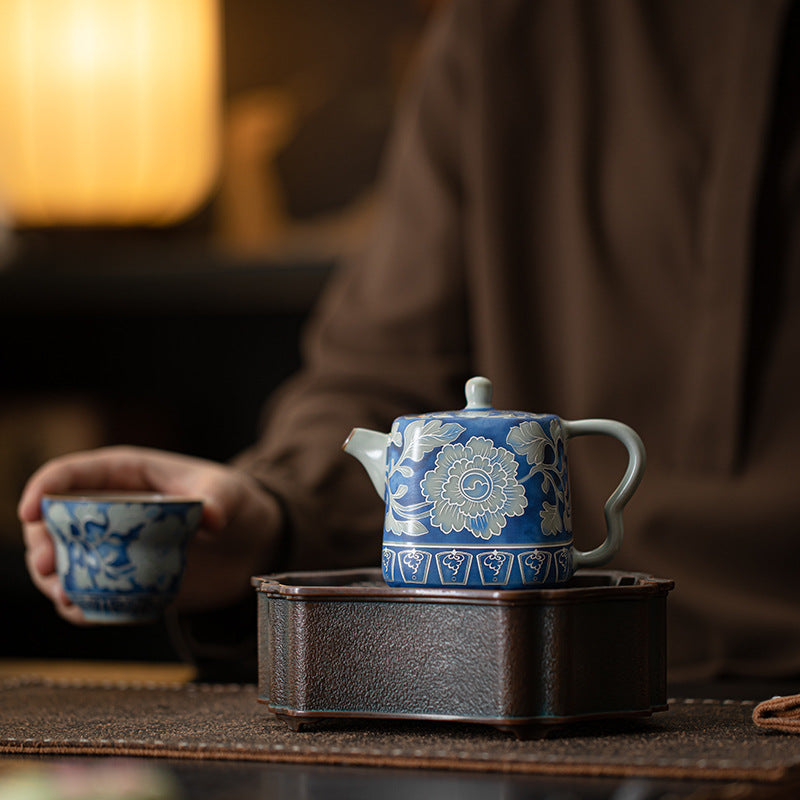 Yuan Blue & White Ru Ware Peony Square Teapot - 220ml