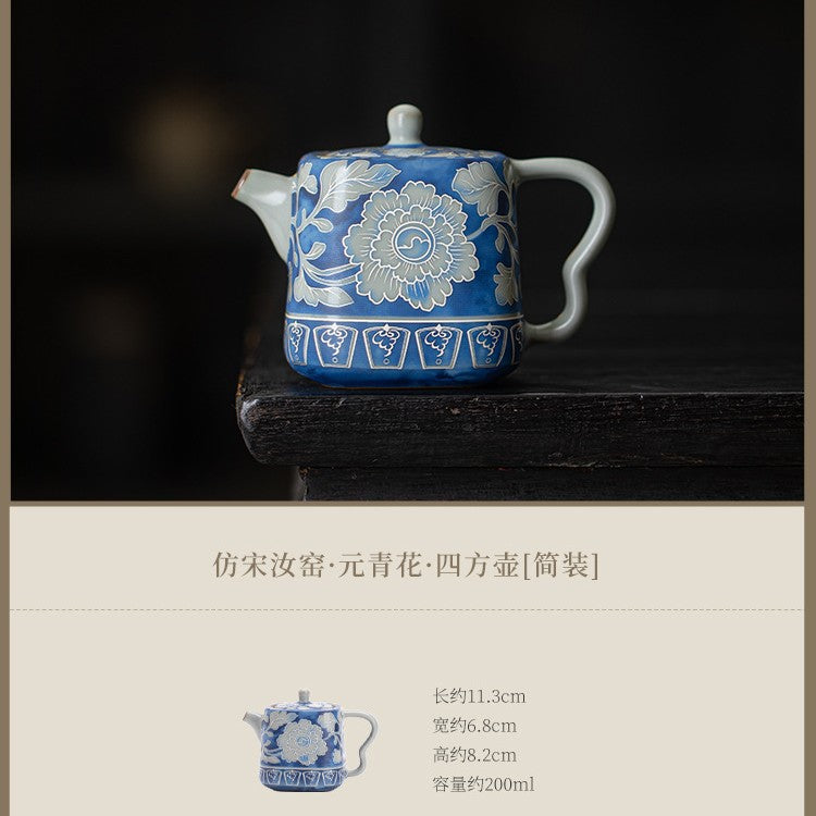 Yuan Blue & White Ru Ware Peony Square Teapot - 220ml