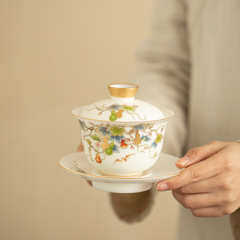 Matte Mutton Fat Jade Gold-Gourd Sancai Gaiwan - 150ml