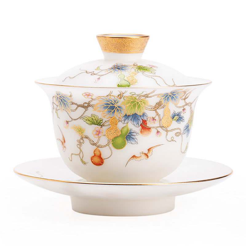 Matte Mutton Fat Jade Gold-Gourd Sancai Gaiwan - 150ml