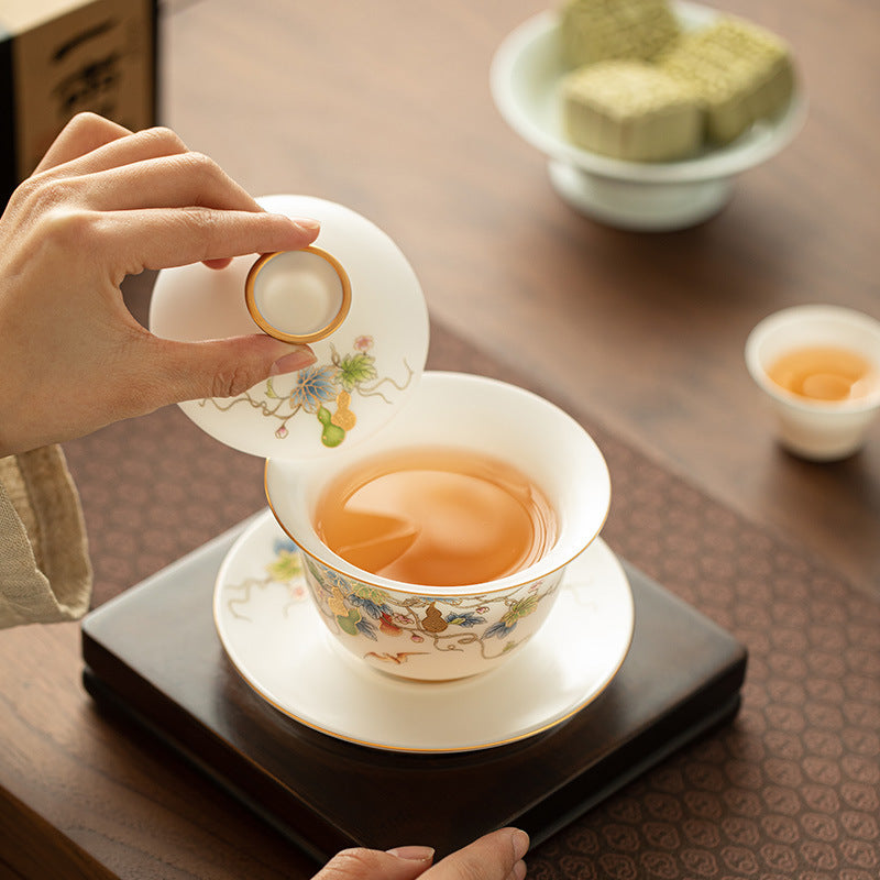 Matte Mutton Fat Jade Gold-Gourd Sancai Gaiwan - 150ml