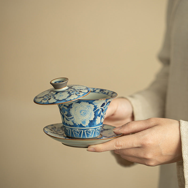 Yuan Blue & White Ru Ware Horseshoe Sancai Gaiwan - 160ml