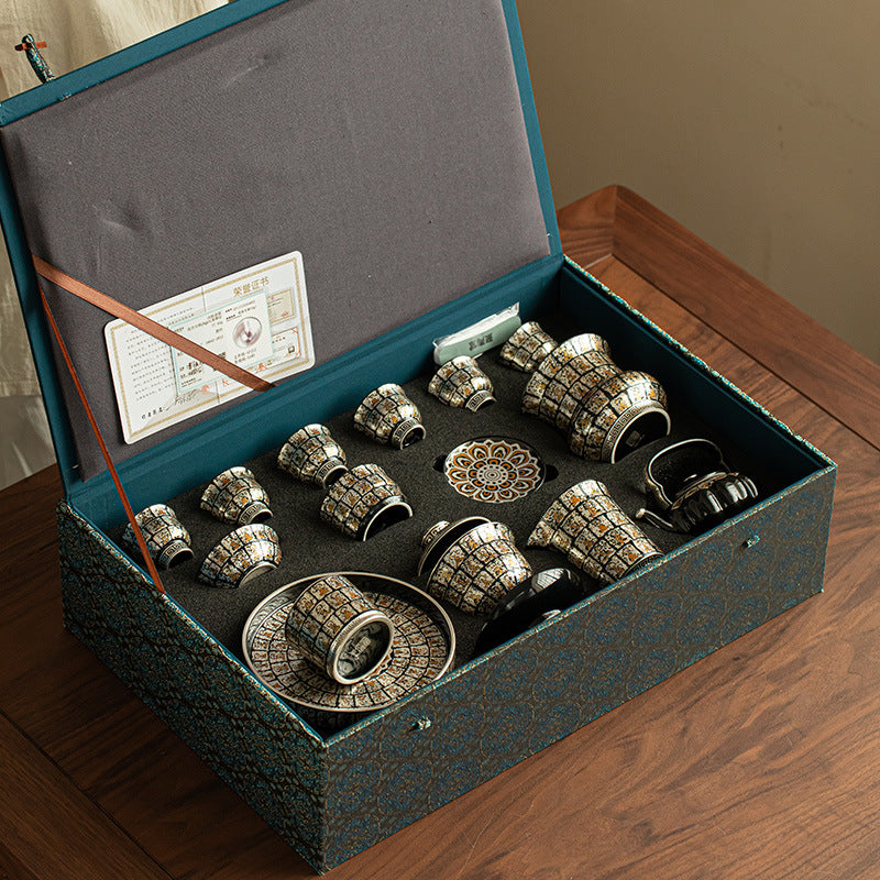 Thousand Buddhas Grottoes Pure Ag999  Silver-Gilded Tea Ceremony Set